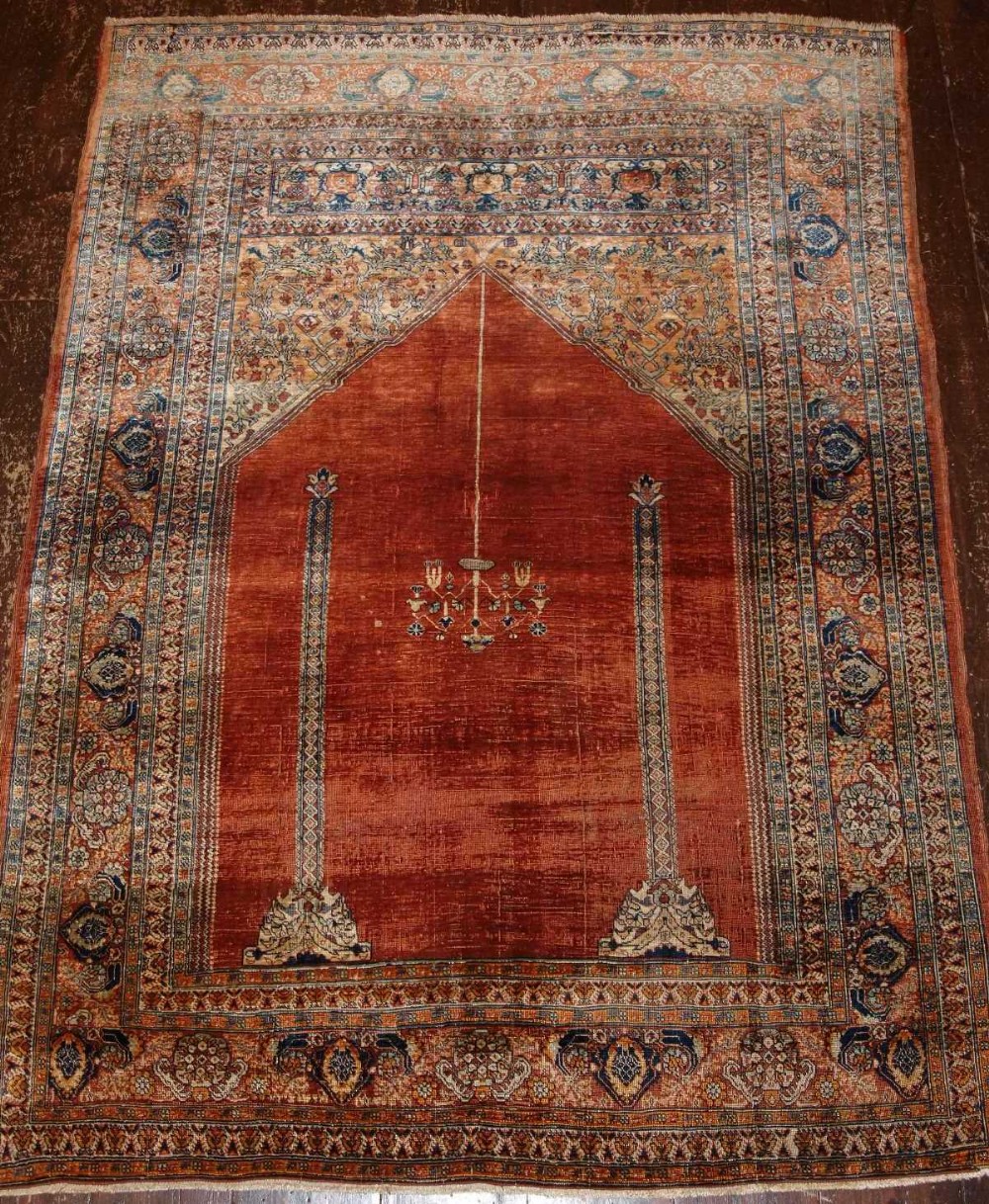 antique turkish silk prayer rug ottoman transylvanian design late 19th cent
