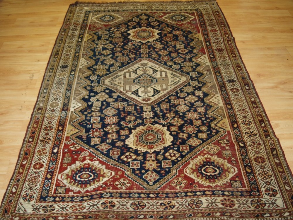 antique tribal qashqai rug medallion design faded look late 19th century