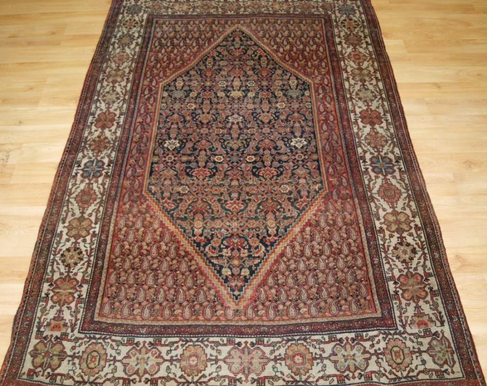 antique sarouk rug with medallion very fine design ivory border circa 1900