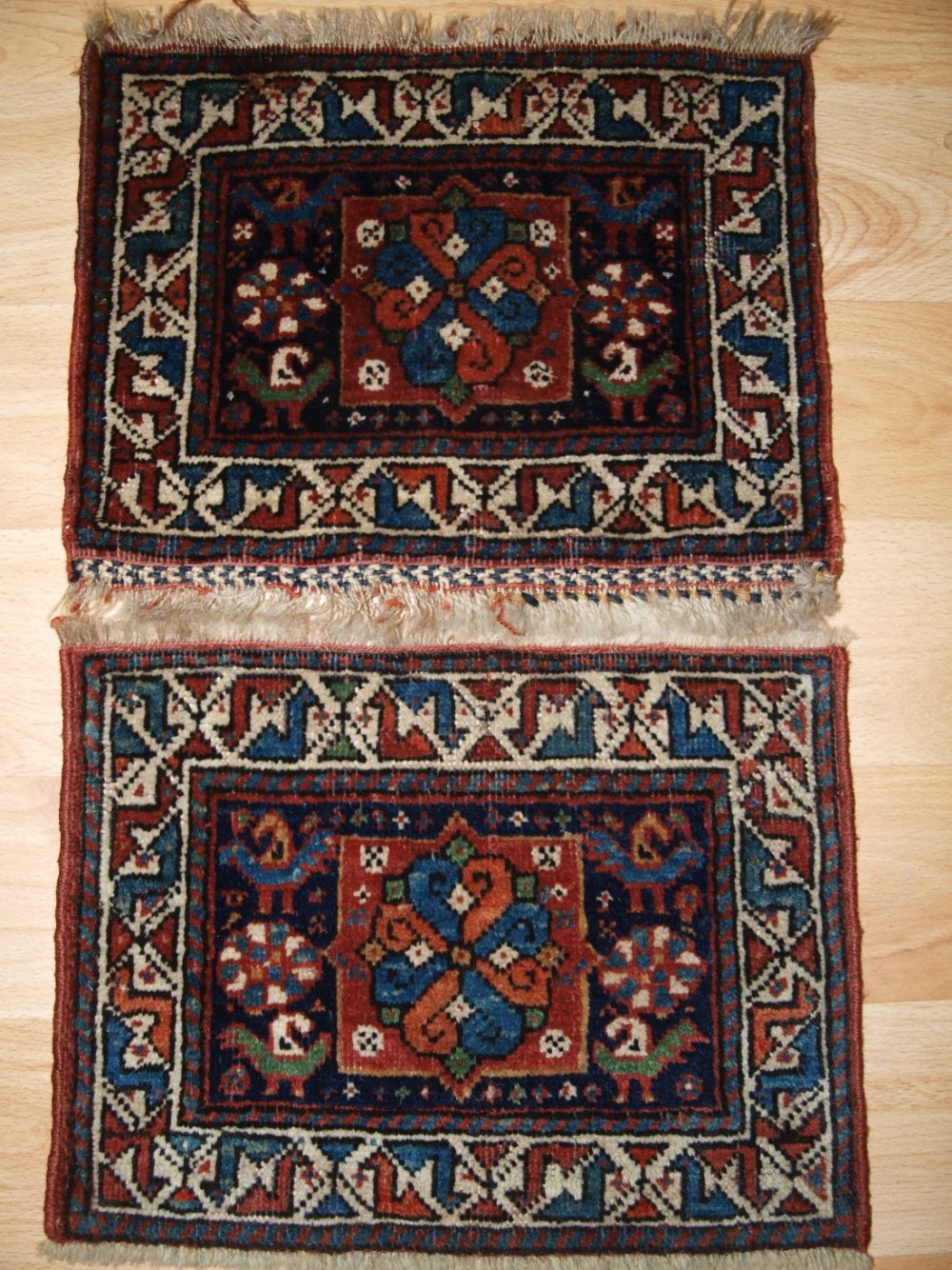 pair of antique qashqai luri chanteh bag faces with birds circa 1900