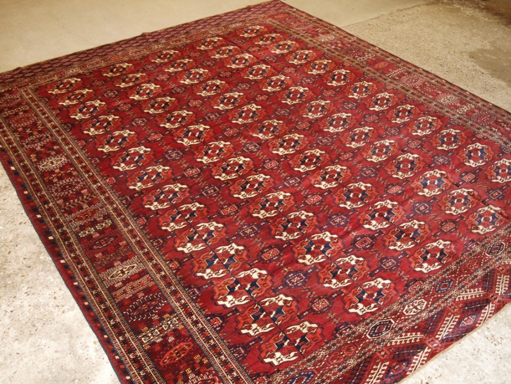 antique tekke turkmen main carpet small square size superb border design great colour circa 1880