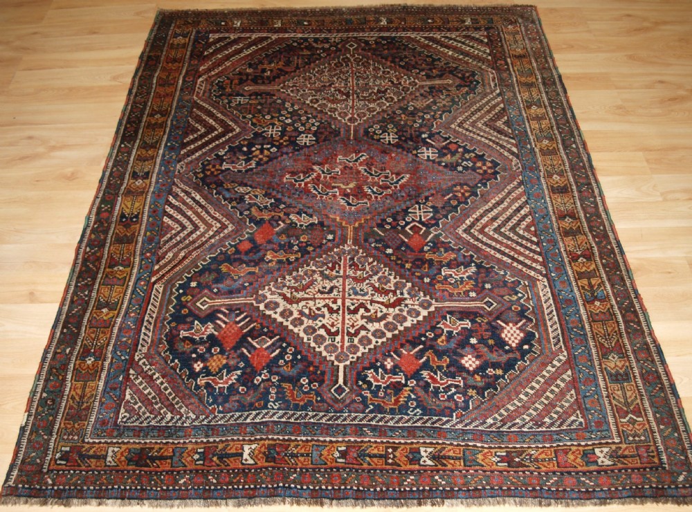 antique khamseh tribal rug pecking chickens circa 1890