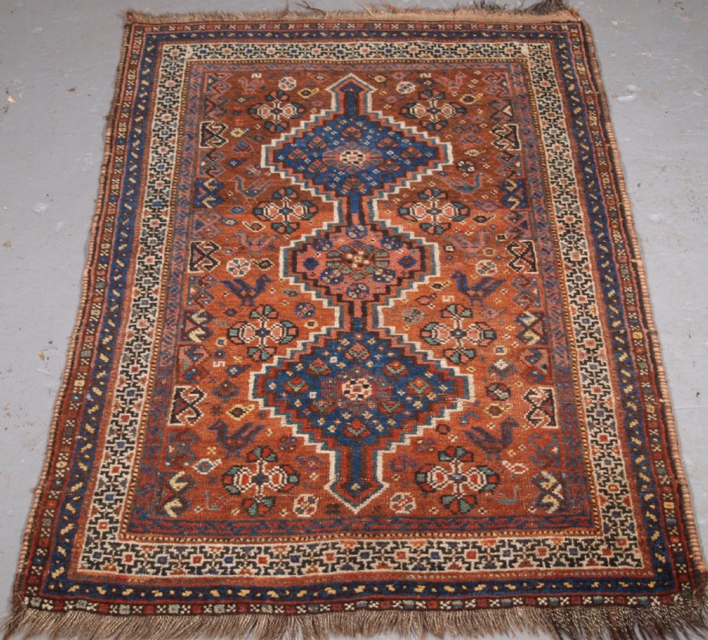 antique khamseh shiraz tribal rug of small size circa 1910