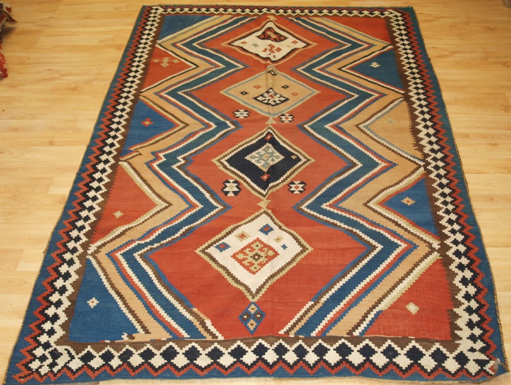 antique tribal qashqai kilim with eye dazzler design great condition circa 1900