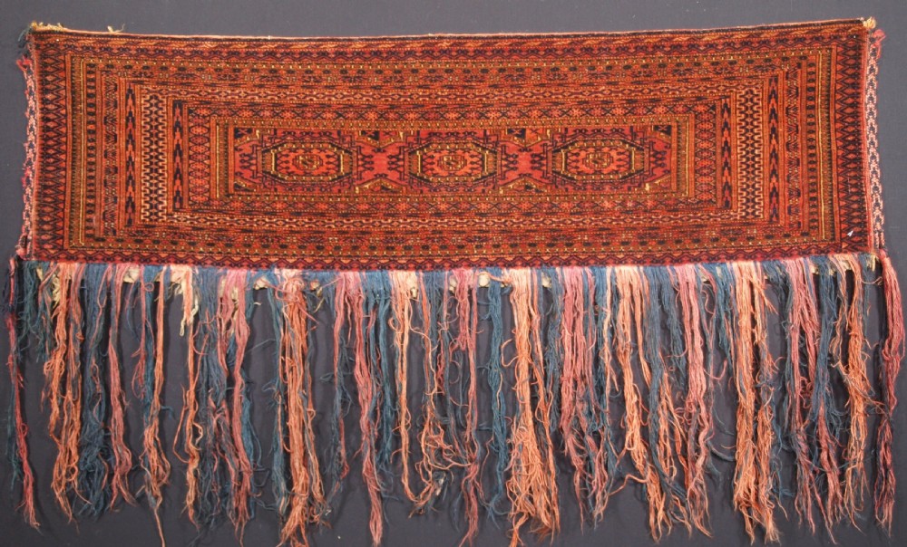 antique tekke turkmen torba with turreted gul design circa 1900