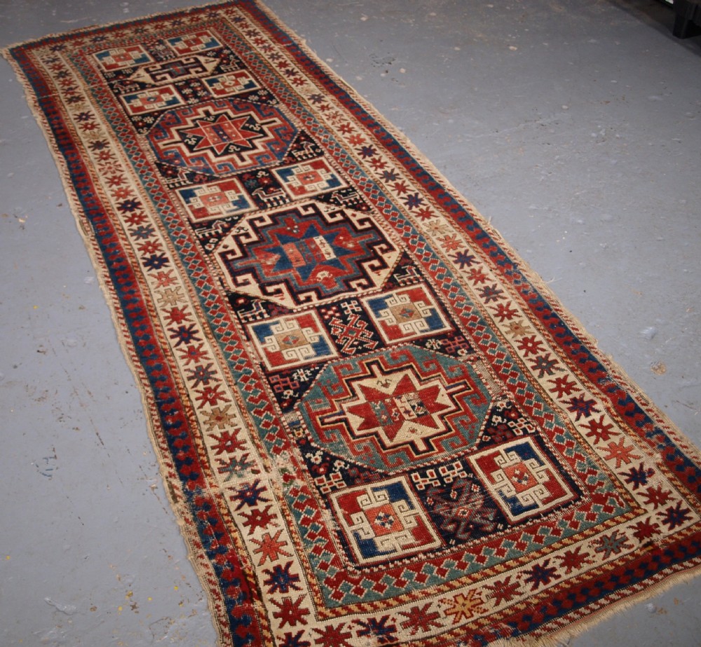 antique moghan kazak runner memling guls very worn circa 1880
