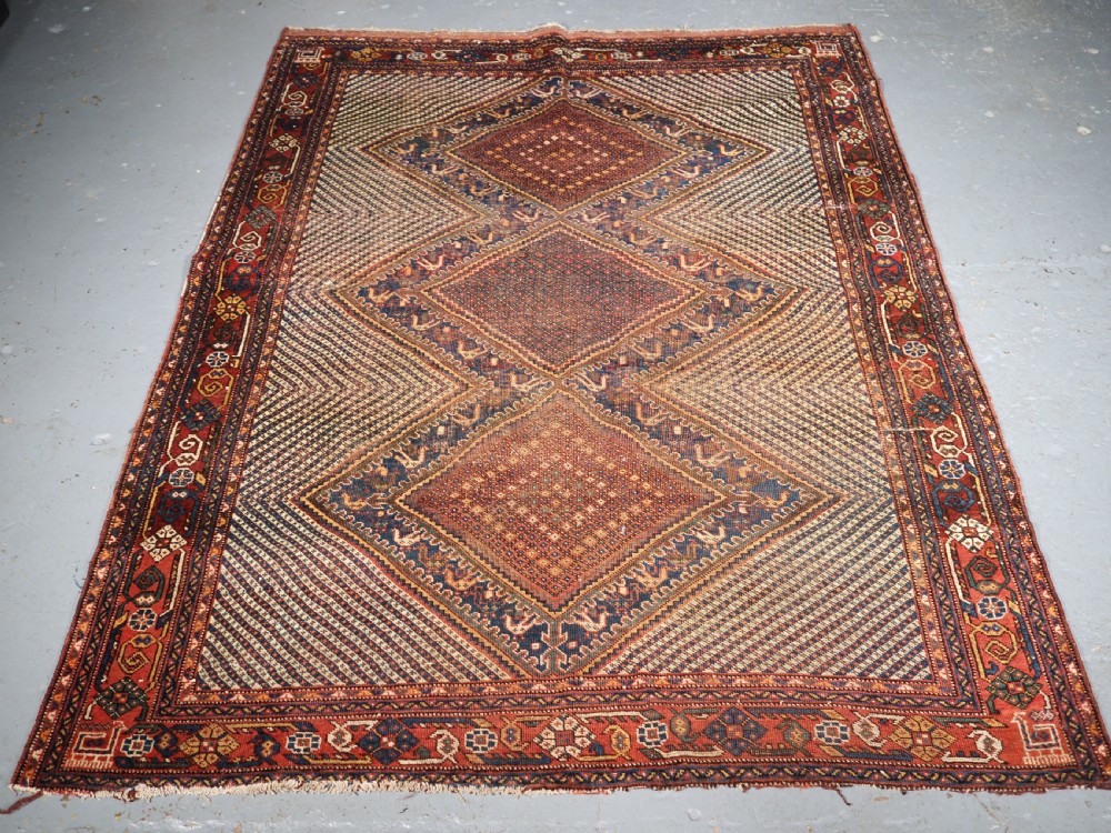 antique khamseh tribal rug triple medallion with birds circa 1900
