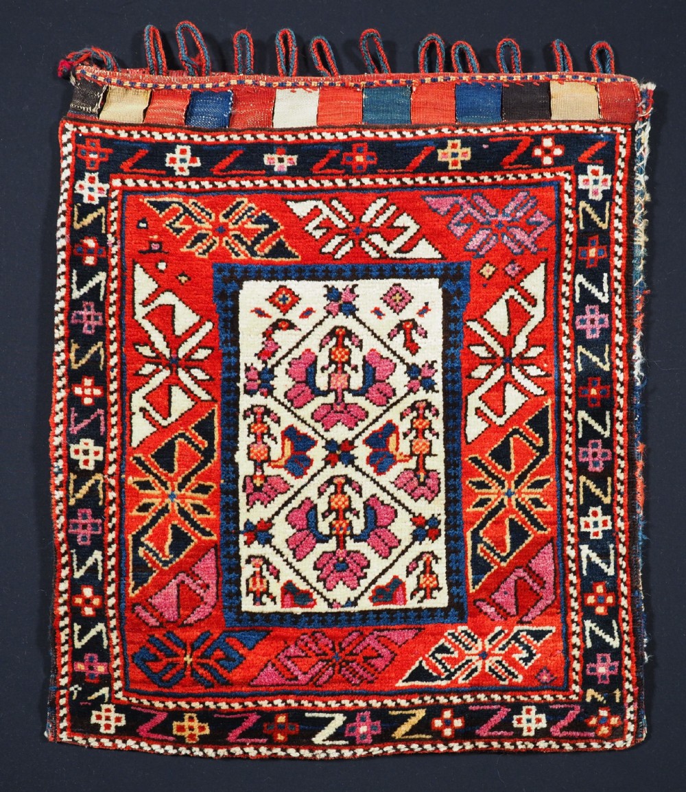 antique south caucasian bag with striped plain weave back circa 1900