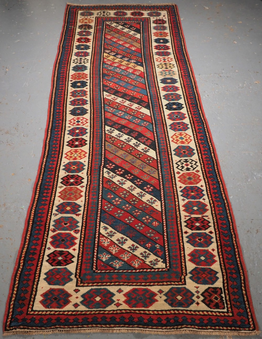 antique caucasian gendje runner with diagonal stripe design circa 1880