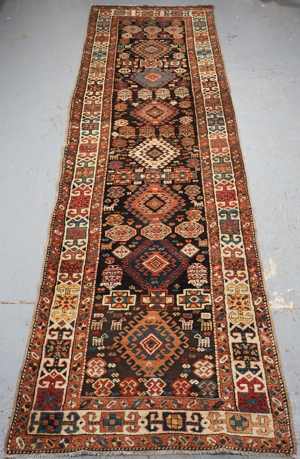 antique kurdish runner latch hook medallion design circa 1890
