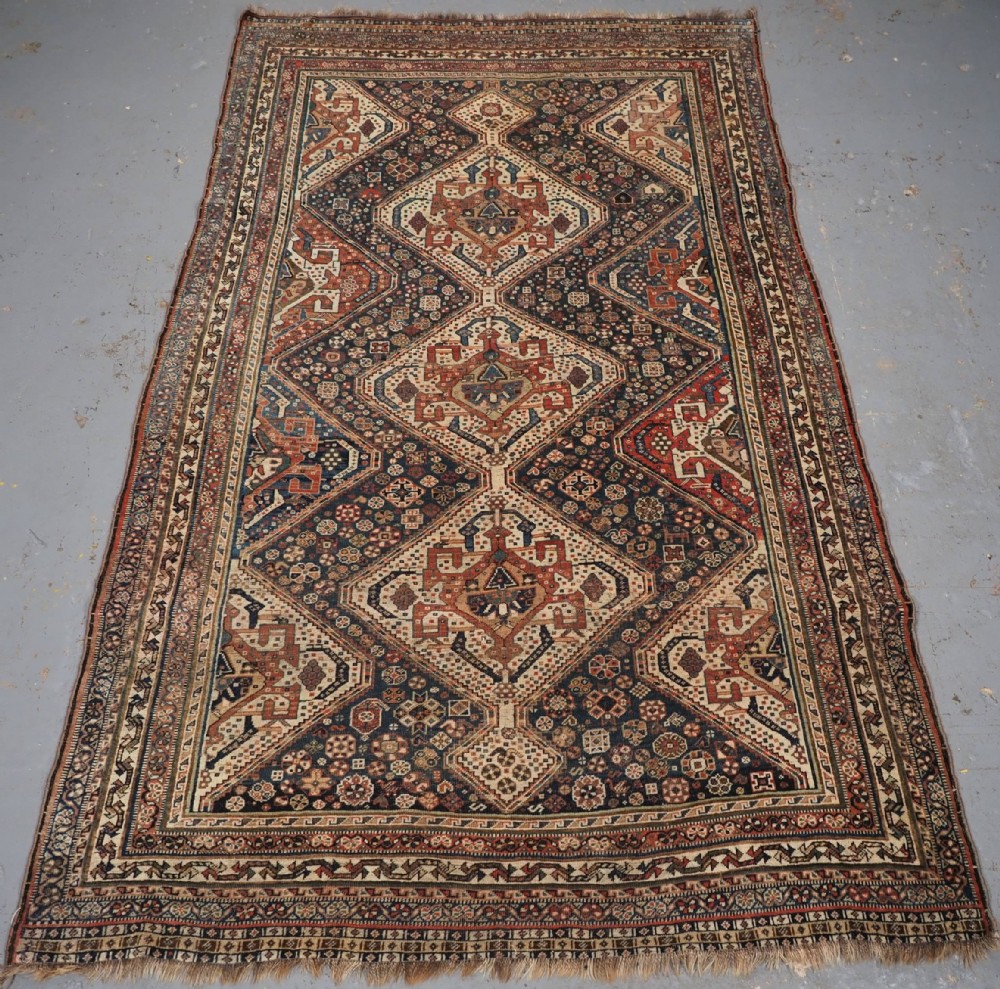 antique tribal qashqai rug triple medallion with soft colours circa 1880