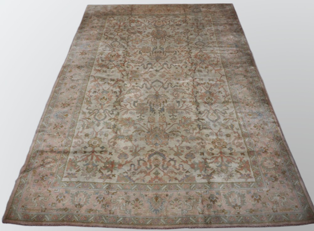 antique turkish oushak carpet soft pinks and pastel colours circa 1920