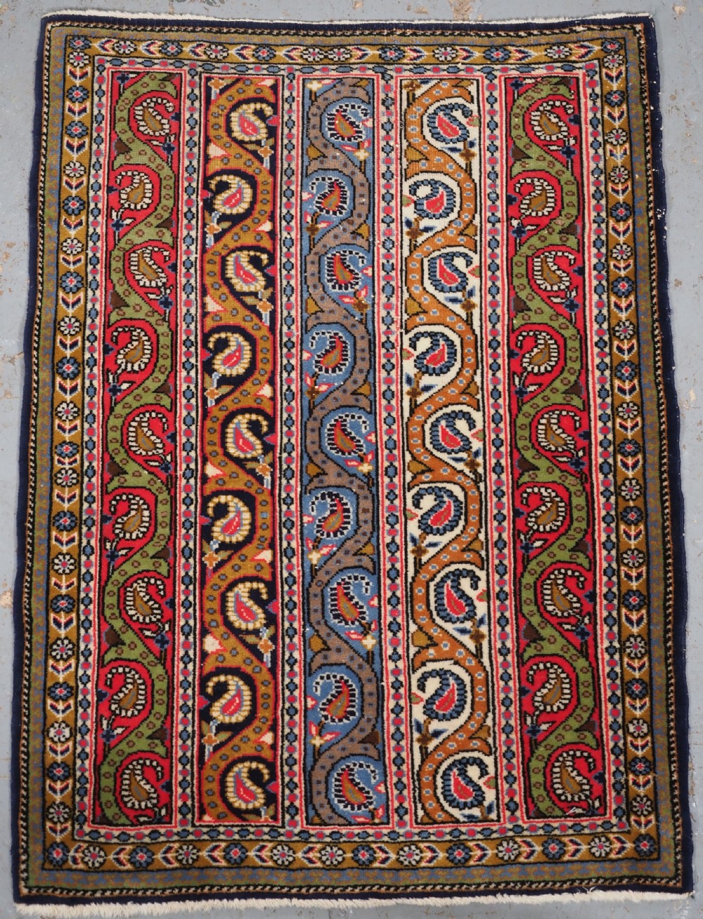 old qum rug with boteh stripe design very fine weave circa 1950