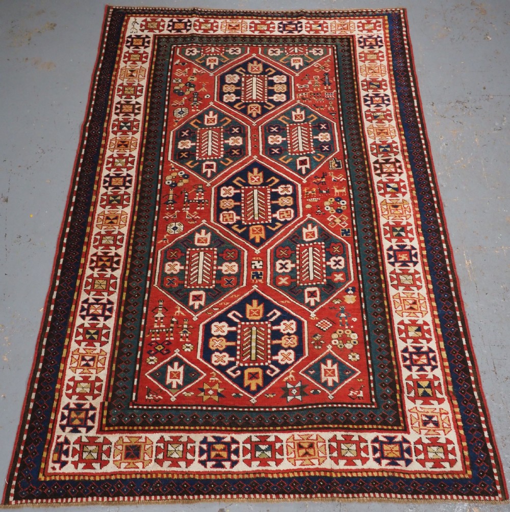 antique caucasian gendje kazak rug folk art horses and people circa 1890