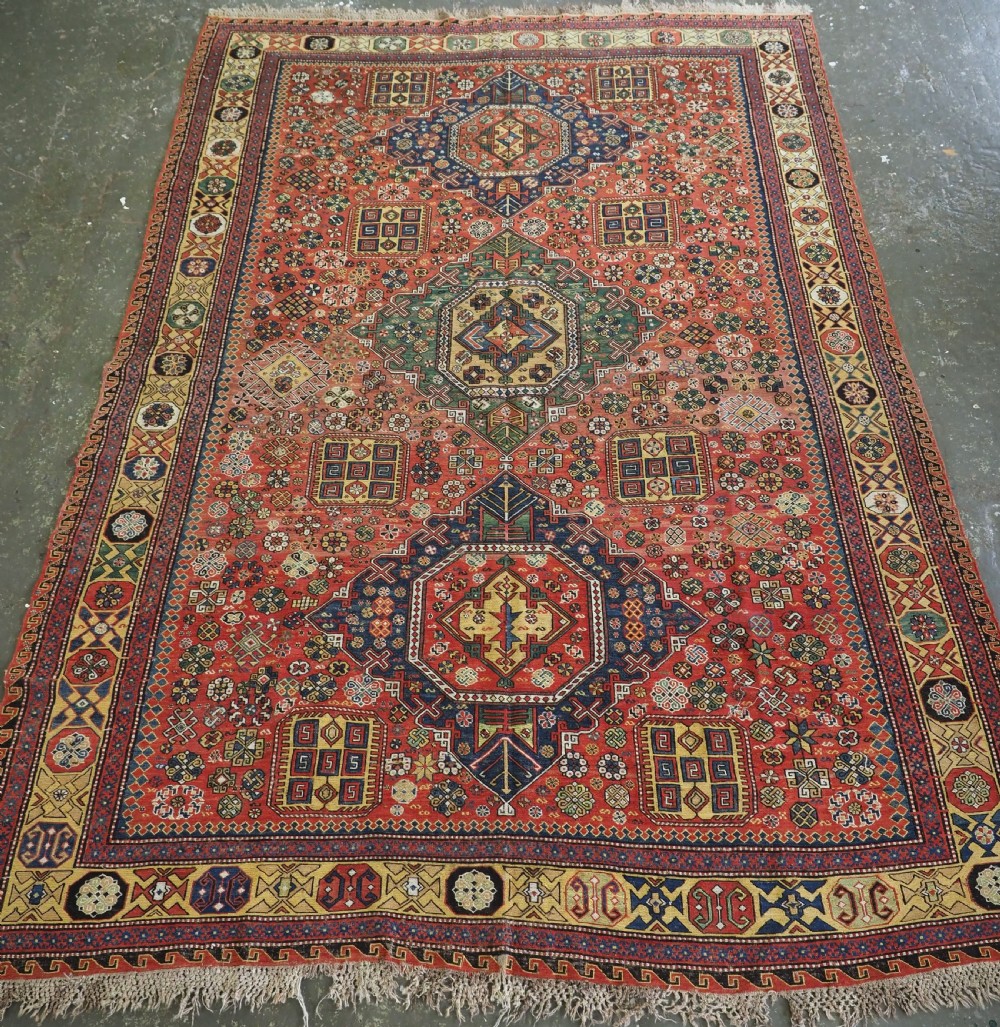antique caucasian three medallion soumak with scarce yellow ground border circa 1870 or earlier