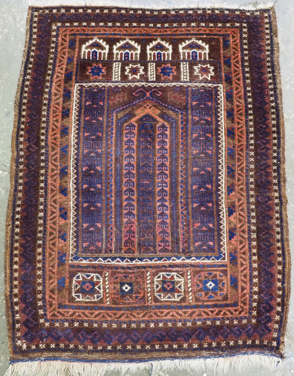 antique afghan baluch 'seh mihrab' prayer rug circa 1920