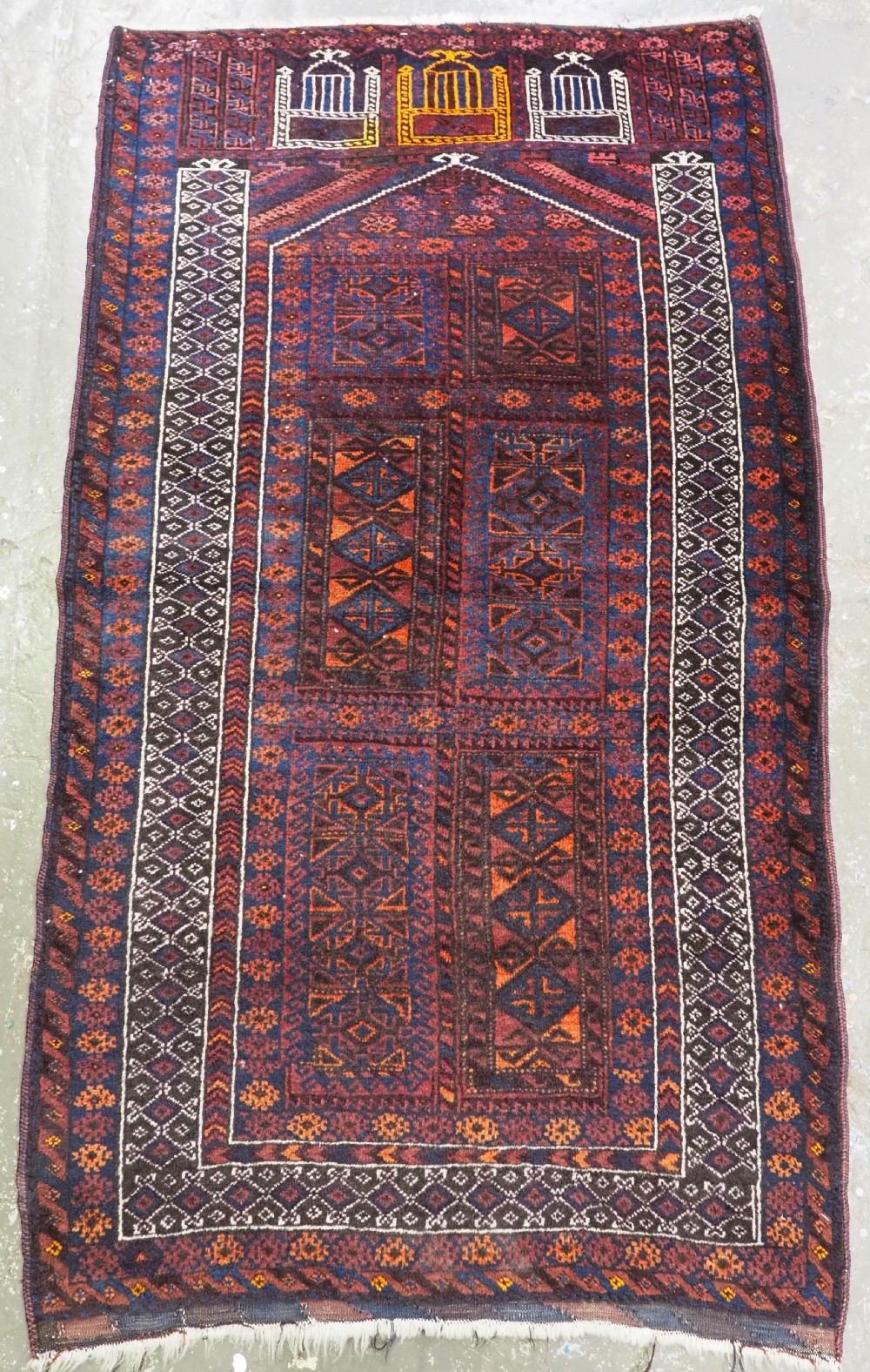 antique afghan baluch seh mihrab prayer rug unusual variant circa 1920