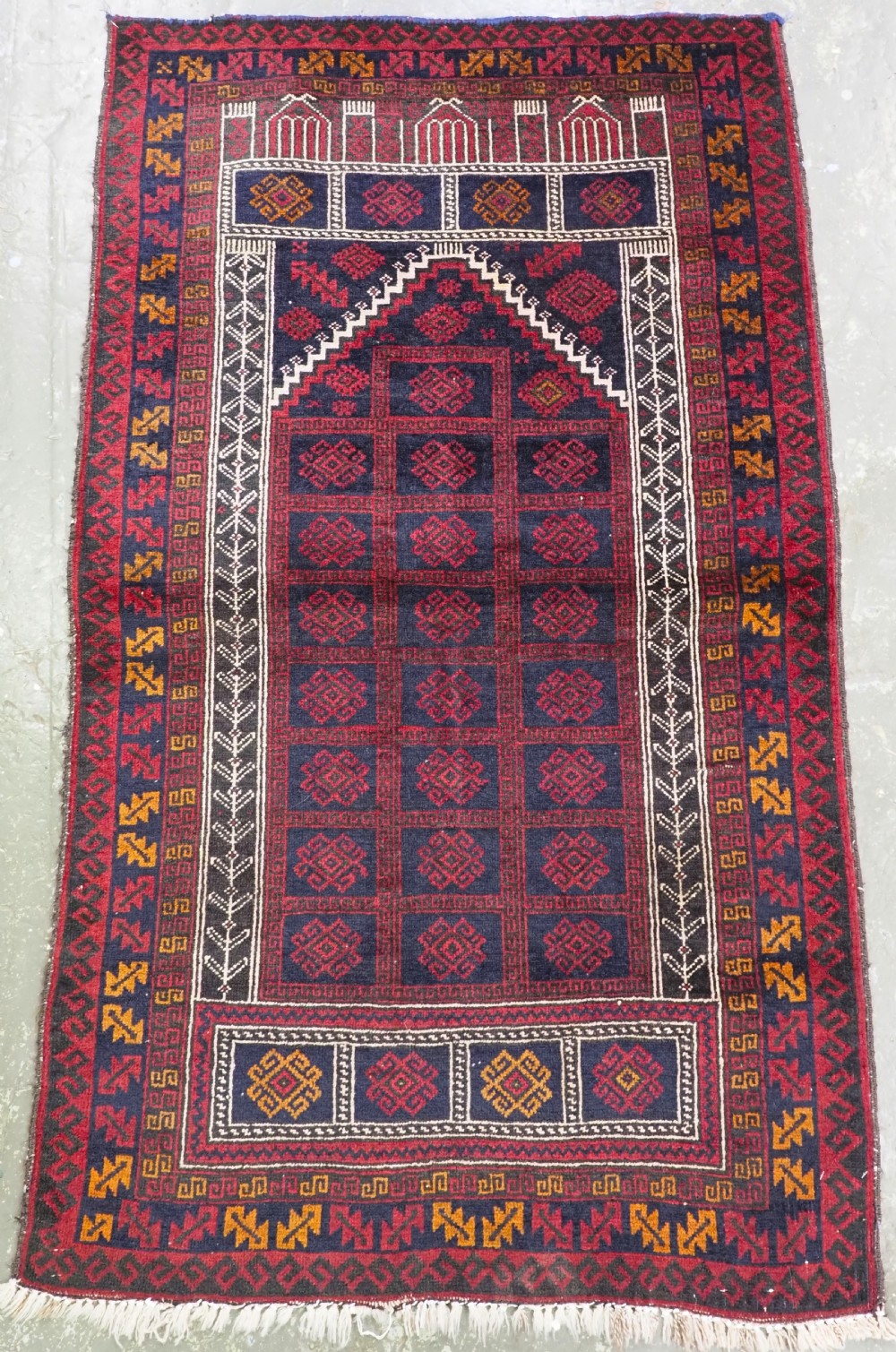 antique afghan village prayer rug with interesting three mihrab design circa 1920