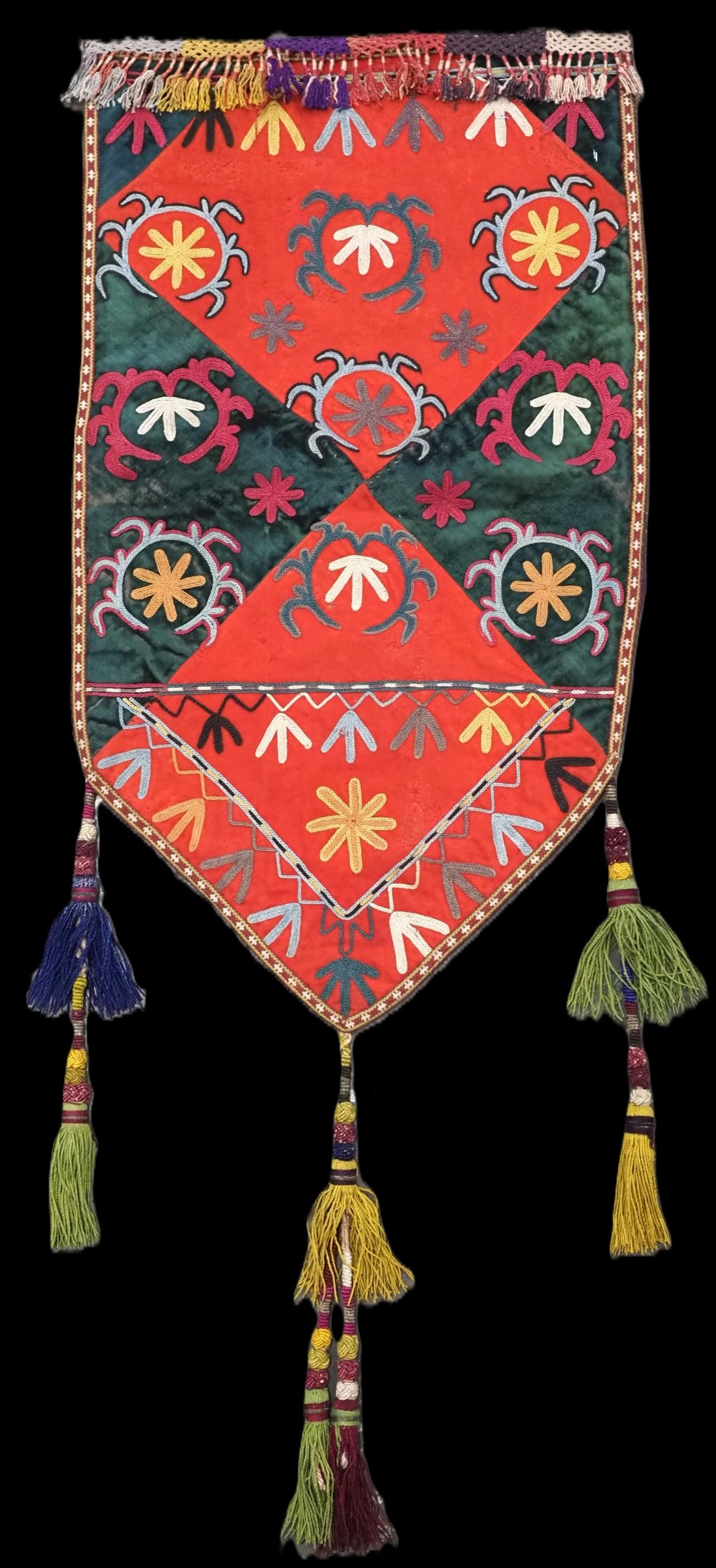 antique uzbek lakai tribe 'uut kap ilgich' talismanic shield green velvet circa 1900