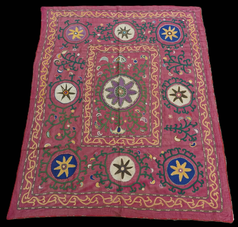 antique uzbek suzani of small size silk on cotton circa 1900