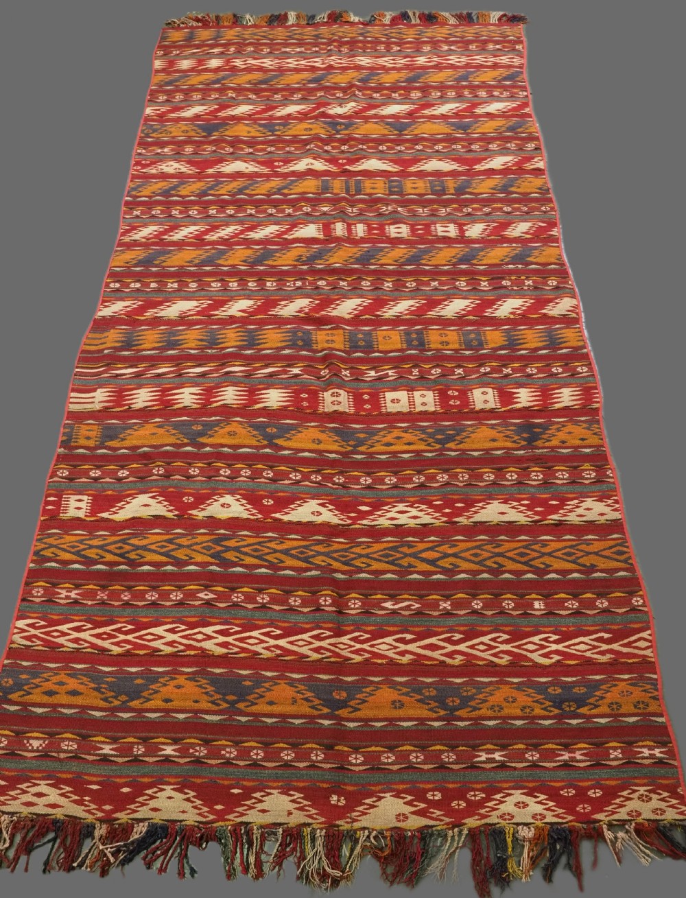 antique central asian uzbek gajeri kilim banded design circa 190020