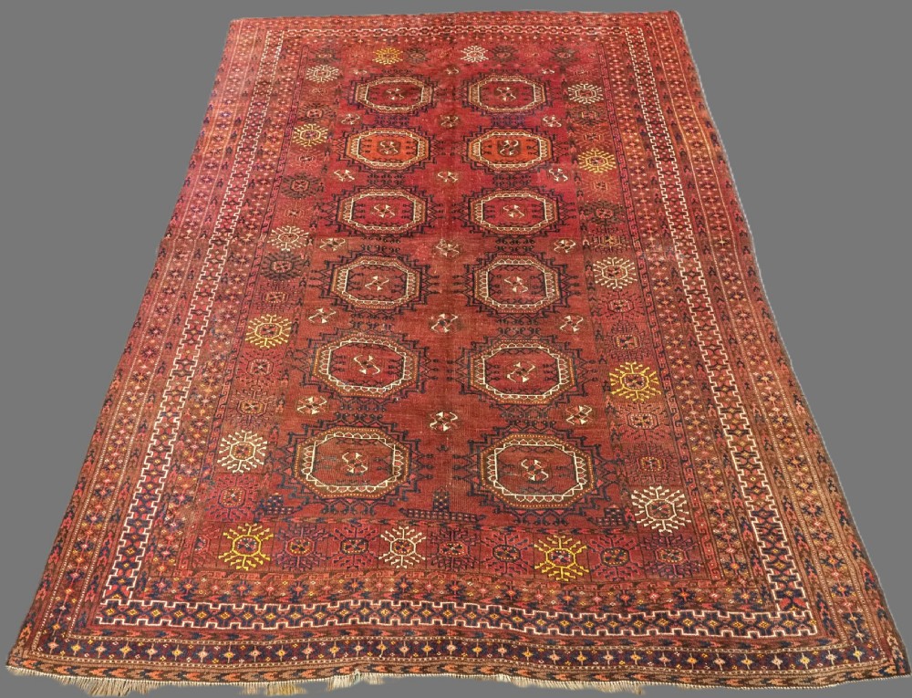 antique kizil ayak turkmen rug with turreted guls circa 1900