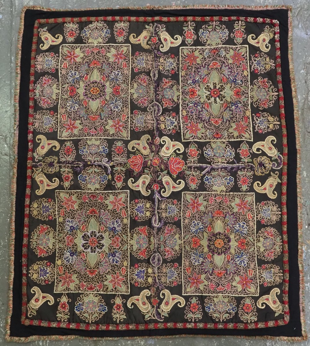 antique persian rasht embroidery silk on black felt circa 1900